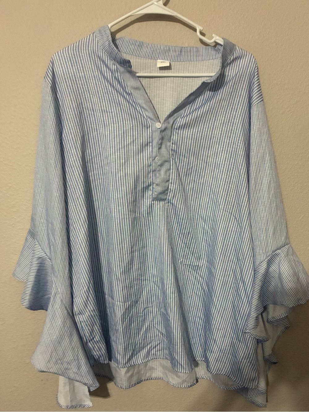 Relaxed Light Blue Striped Women's Tunic with Ruffle Sleeves